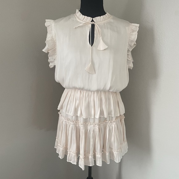 RESET BY JANE Sz L Claire Ruffle Tiered Mini Dress Satin Tie Neck Champagne Boho - Picture 4 of 9